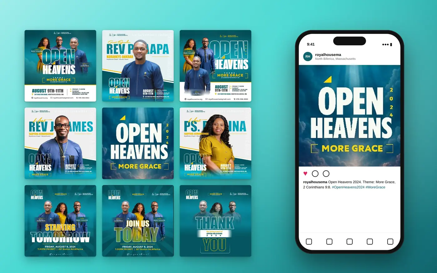 Open Heavens 2024 campaign: social graphics beside a phone showing the event logo