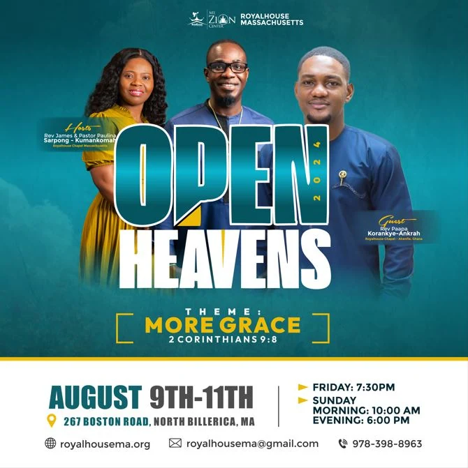 Open Heavens main flyer with the hosts and guest speaker, dates August 9th to 11th and service times