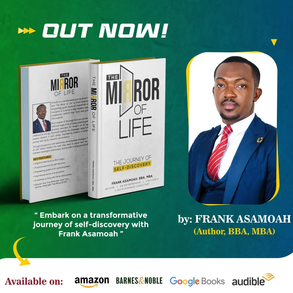Out Now book launch flyer for The Mirror of Life by Frank Asamoah