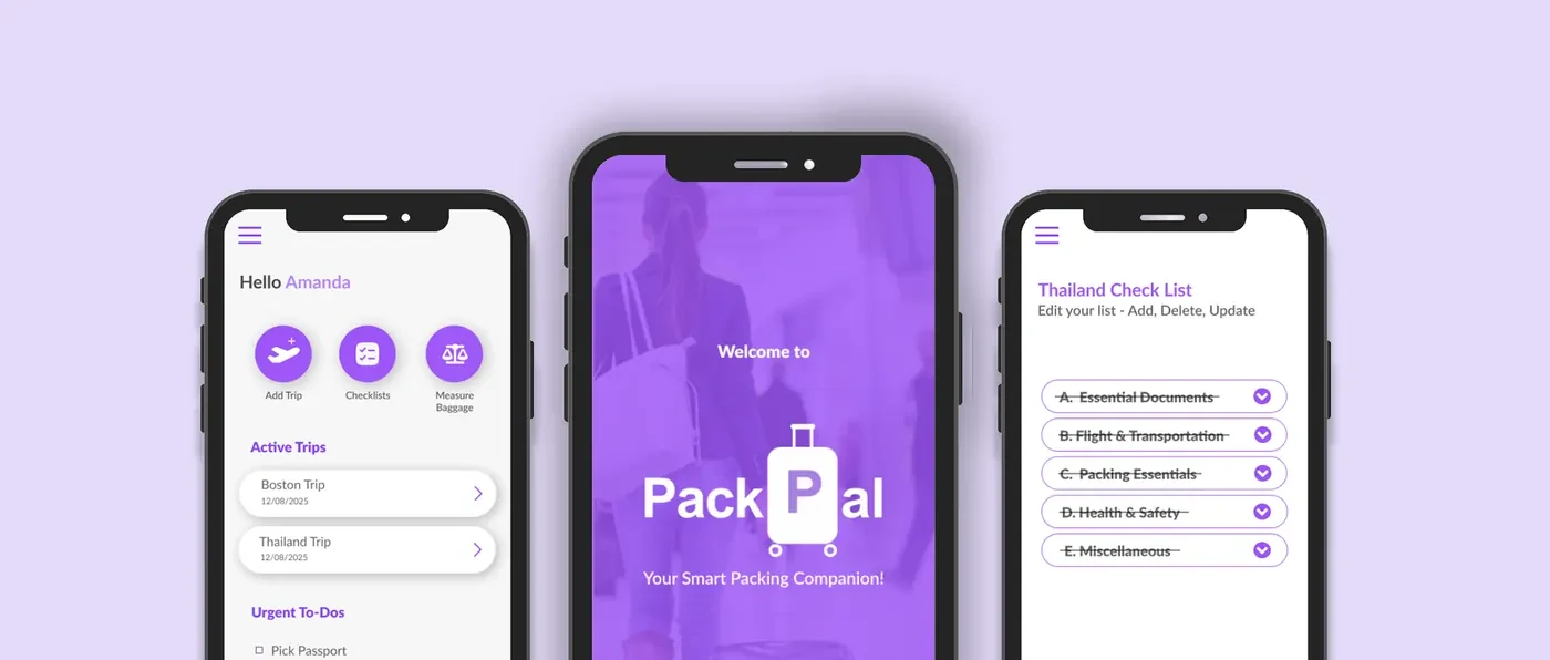 PackPal app screens on a purple background