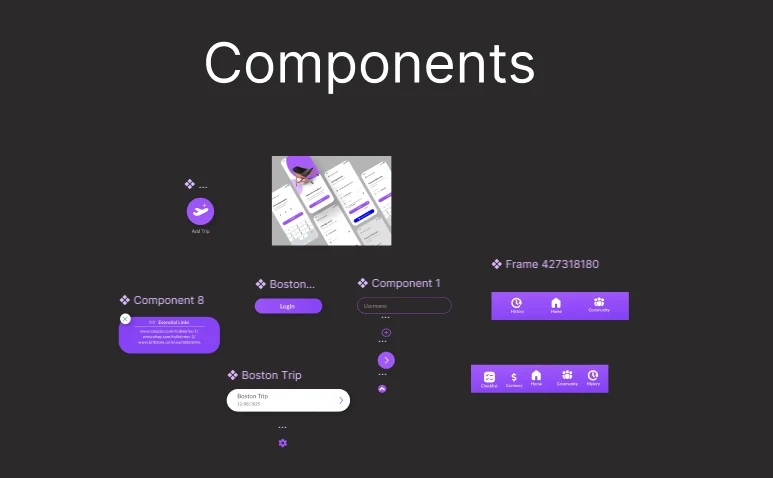PackPal Figma component library: Add Trip button, login button, username input field, trip cards, essential links card, icon buttons, and two versions of the purple bottom navigation bar