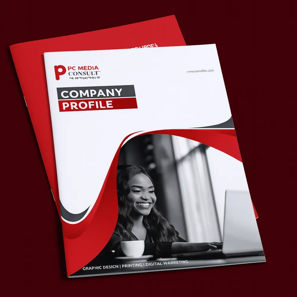 PC Media Consult company profile cover in red and white