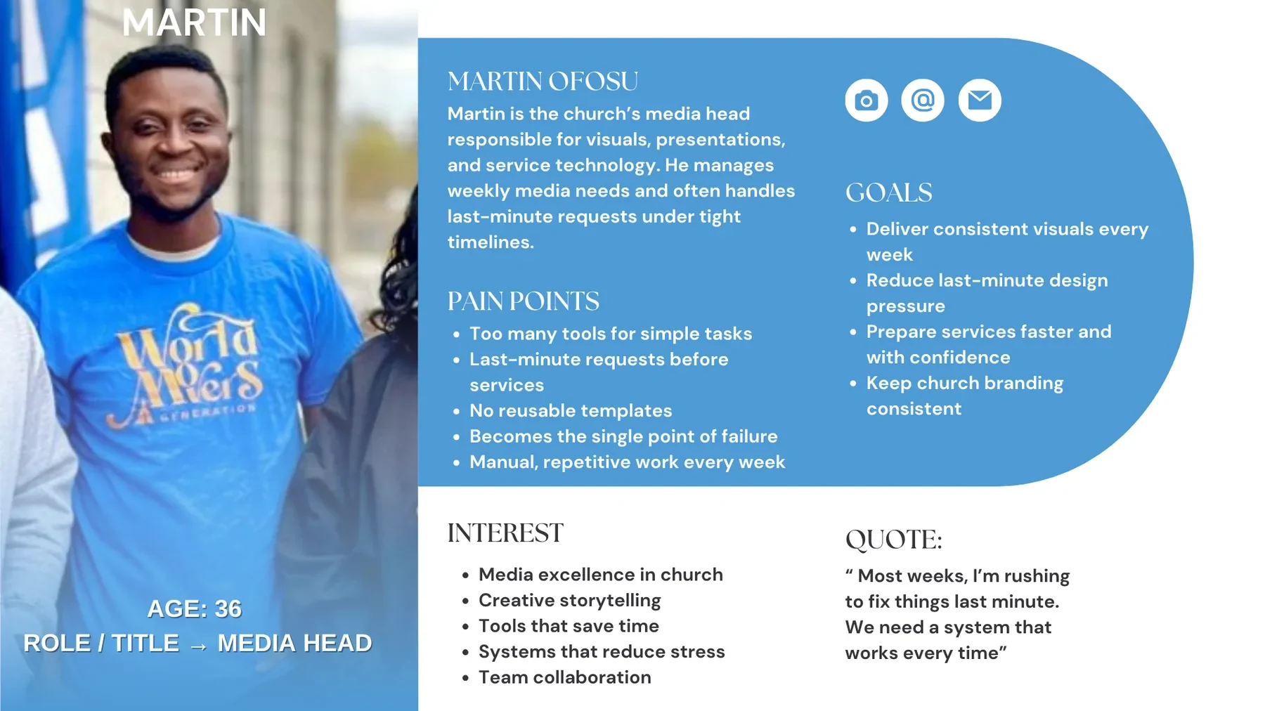Persona card for Martin Ofosu, 36, church media head