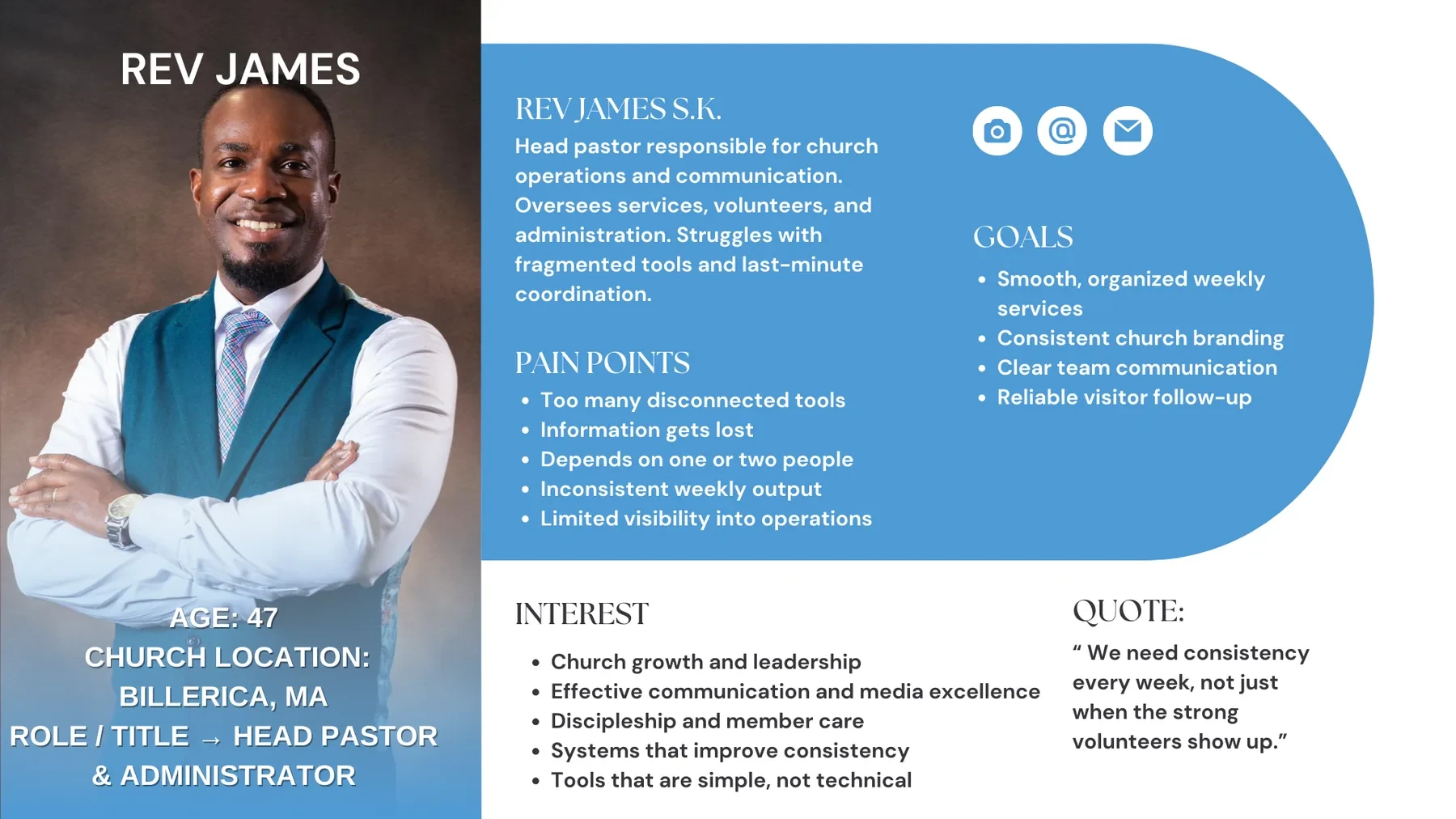 Persona card for Rev James S.K., 47, head pastor and administrator in Billerica, MA