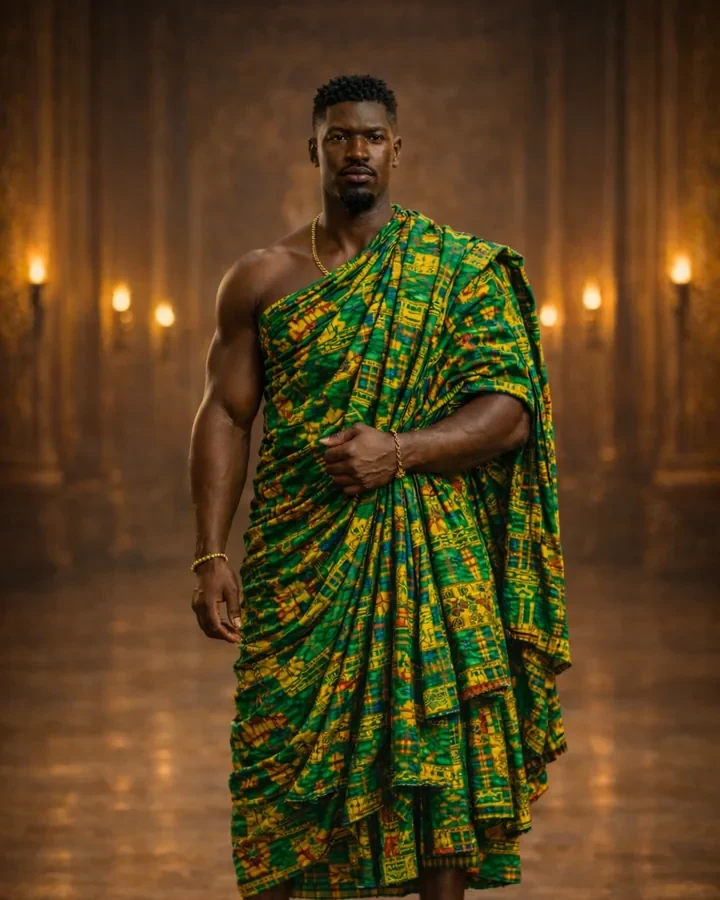 Prince Konja in green kente in a torch-lit palace