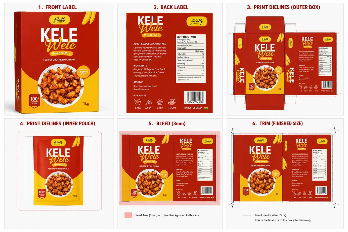Production spec sheet showing front label, back label, dielines, bleed and trim for the Kelewele box