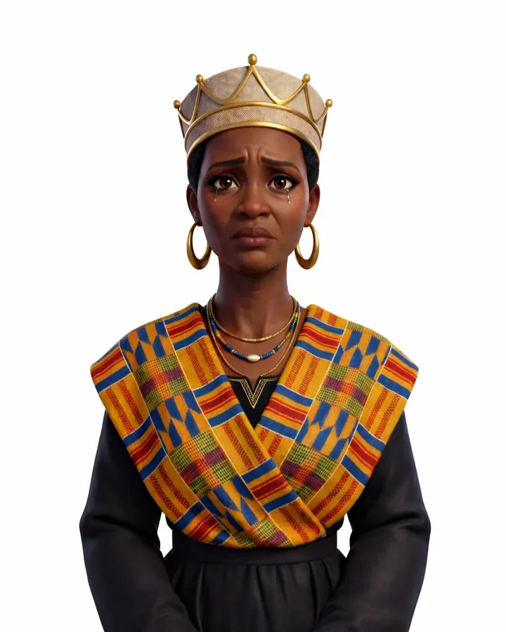 Queen Oheneyere Obuobia in kente and a crown, crying