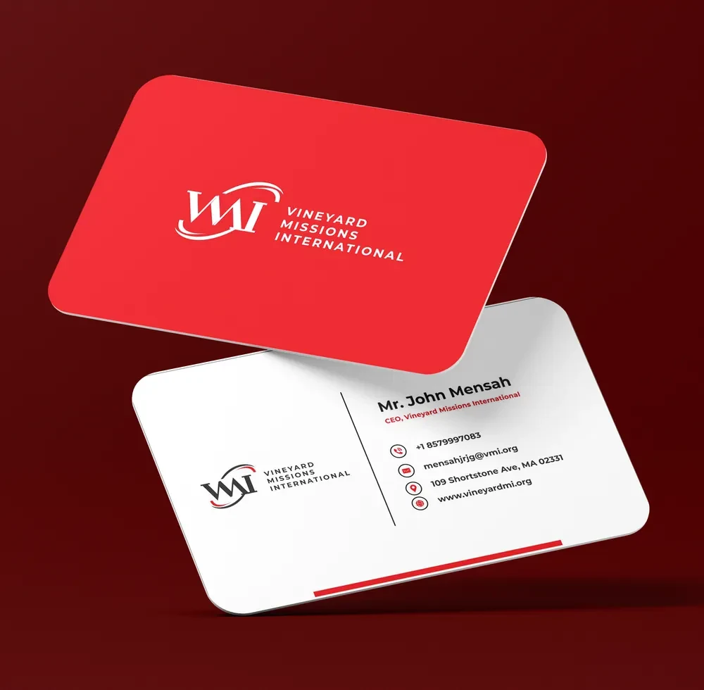 Red and white Vineyard Missions International business cards