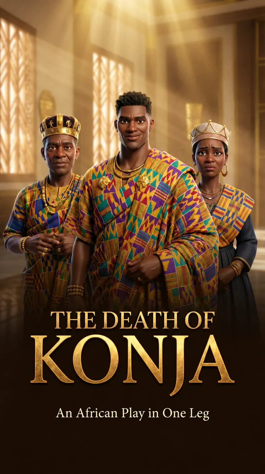 The Death of Konja official poster — the King, Prince Konja and the Queen in a golden palace, with the title in gold