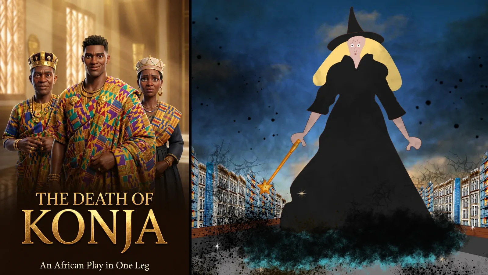 The Death of Konja poster beside WitchLight concept art of the giant witch in the city