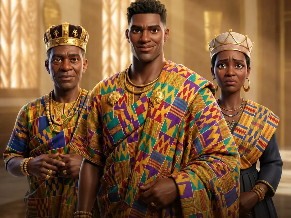 The Death of Konja poster: the King, Konja and the Queen in kente