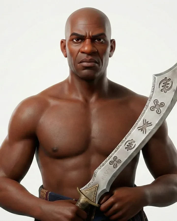 The executioner holding a sword engraved with Adinkra symbols