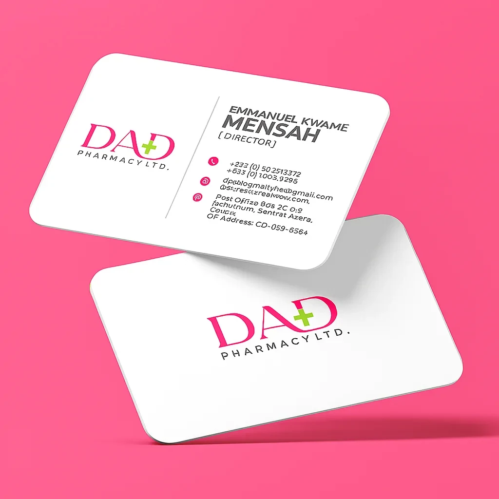 Two white rounded business cards with the Dad Pharmacy Ltd. logo on a pink background