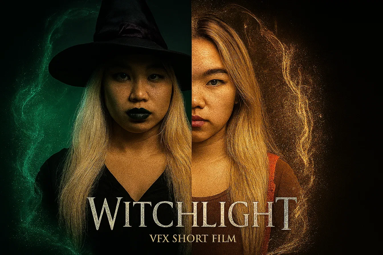 WitchLight VFX short film cover: split portrait of the actor as the witch in green light and as herself in golden firefly light