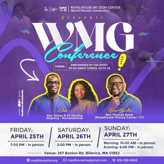 WMG Conference main flyer with the hosts and guest speaker and the Friday, Saturday and Sunday service times